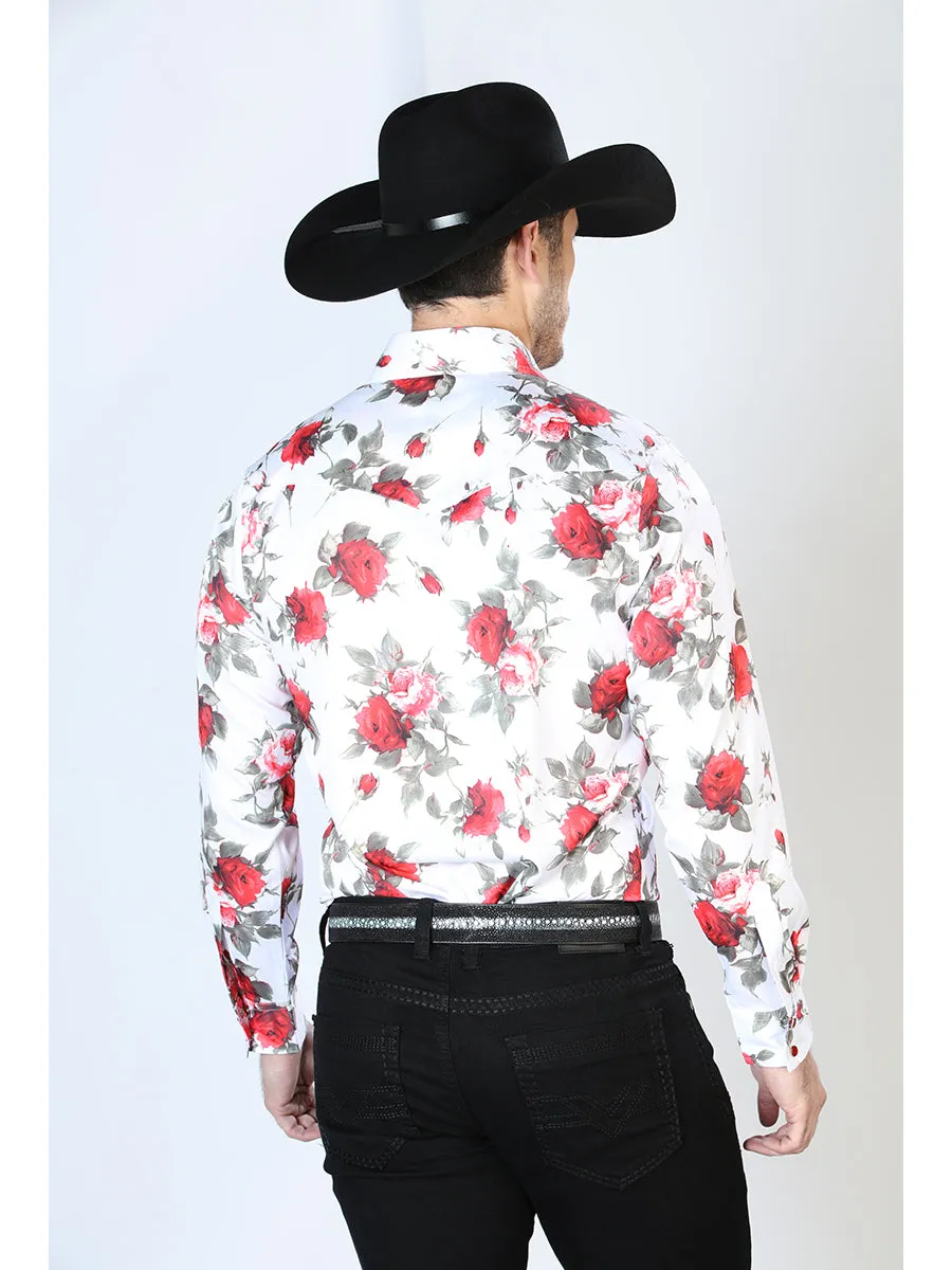 Camisa Vaquera Manga Larga de Broches Estampada Floral Blanco/Flores para Hombre 'El Señor de los Cielos' - ID: 43935