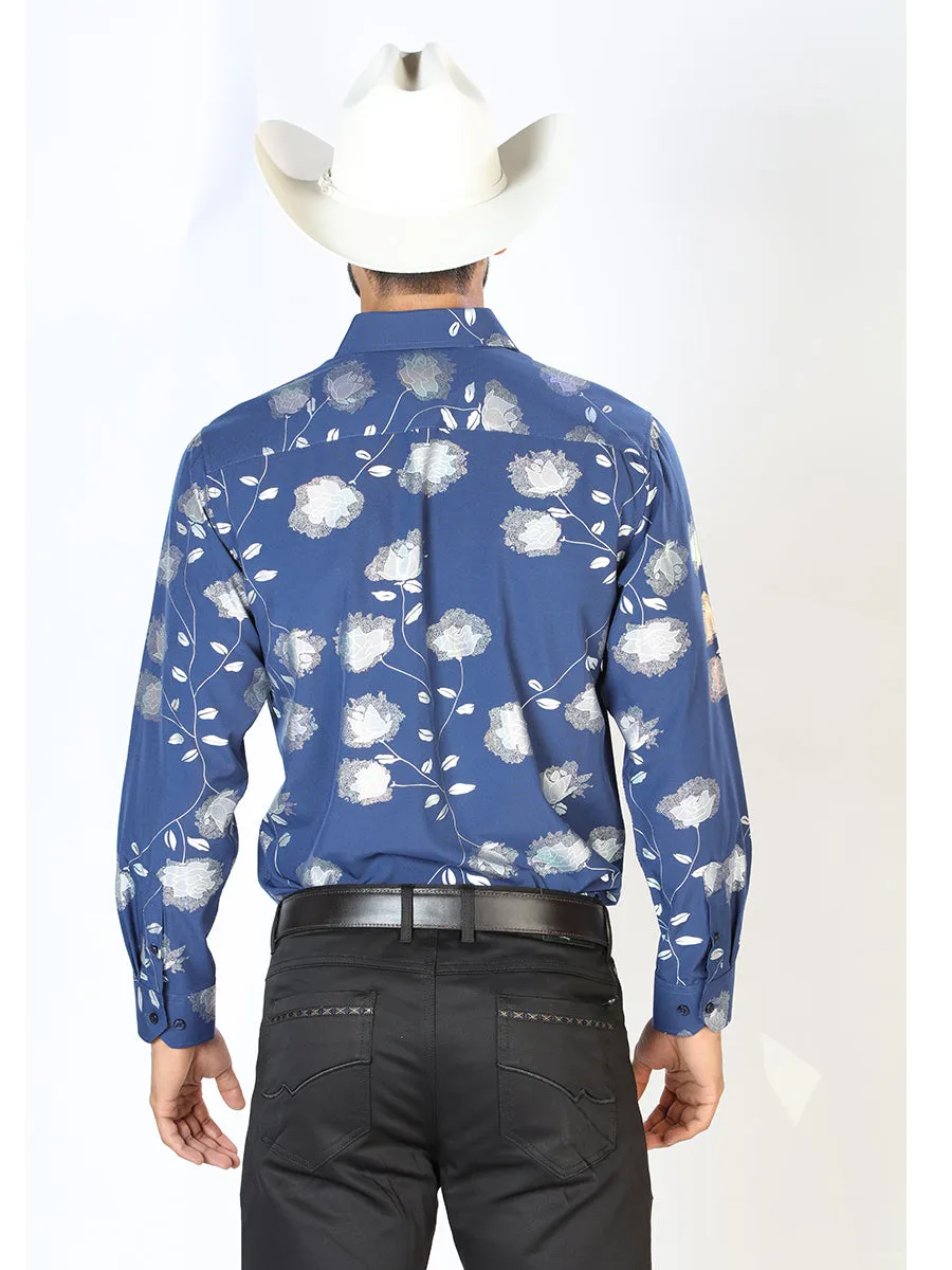 Camisa Vaquera Manga Larga Estampada Floral Azul Marino para Hombre 'El Señor de los Cielos' - ID: 43774