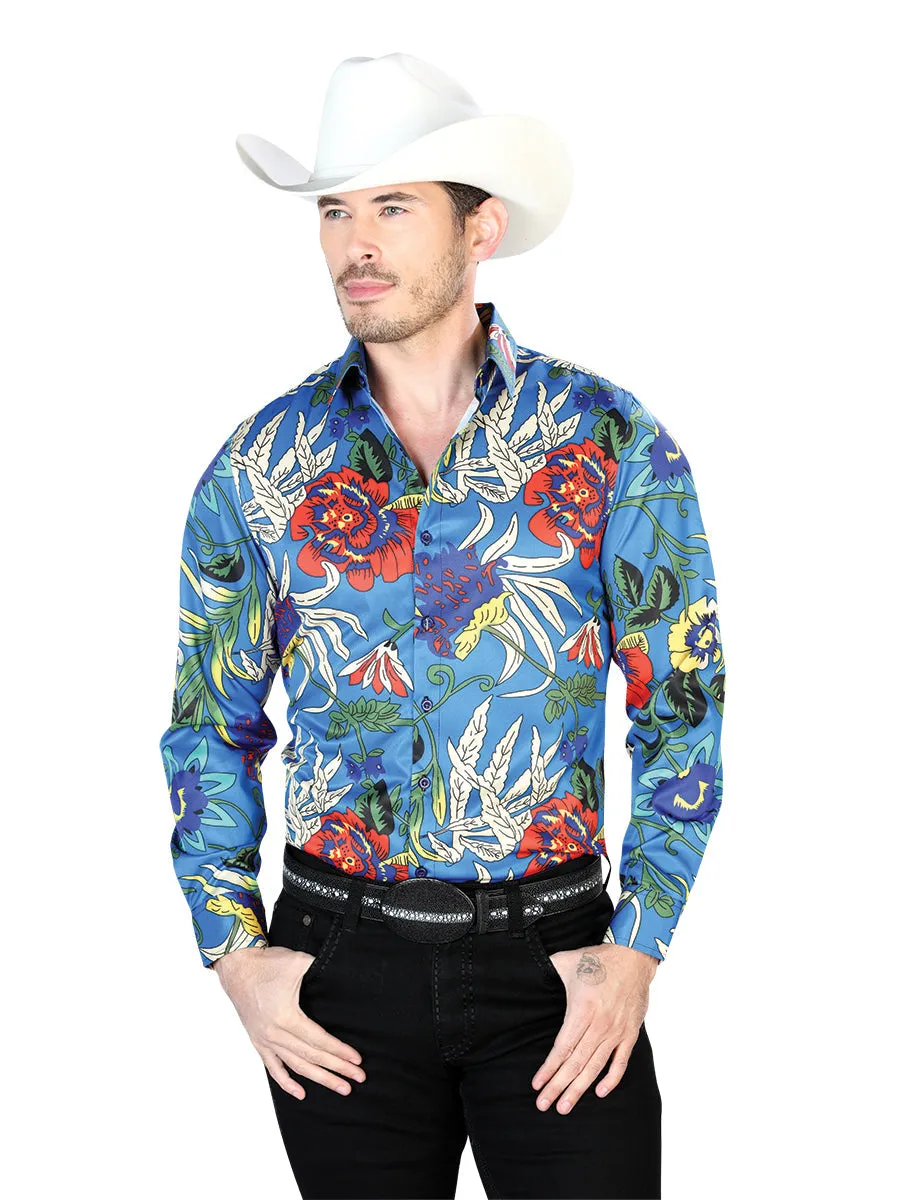 Camisa Vaquera Manga Larga Estampada Floral Azul Rey para Hombre 'El Señor de los Cielos' - ID: 43677