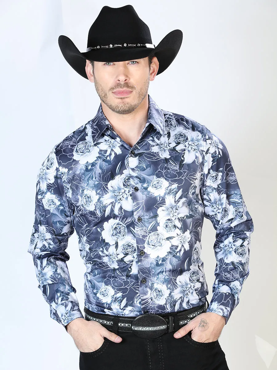 Camisa Vaquera Manga Larga Estampada Floral Marino para Hombre 'El Señor de los Cielos' - ID: 43990