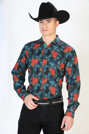 Camisa Vaquera Manga Larga Estampada Floral Negro para Hombre 'El Señor de los Cielos' - ID: 126276