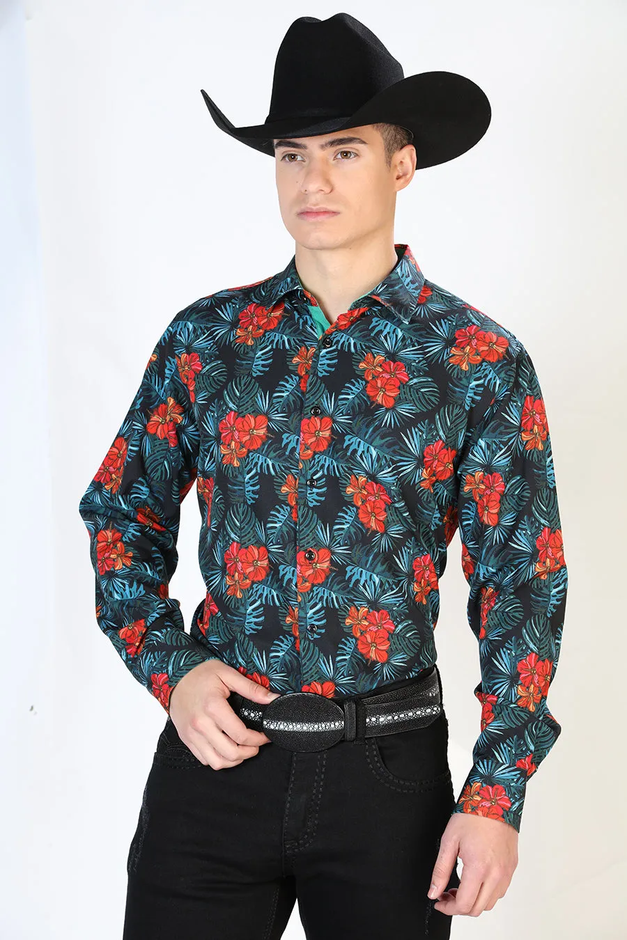 Camisa Vaquera Manga Larga Estampada Floral Negro para Hombre 'El Señor de los Cielos' - ID: 126276