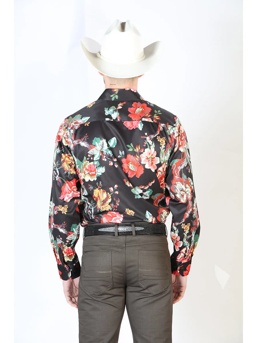 Camisa Vaquera Manga Larga Estampada Floral Negro para Hombre 'El Señor de los Cielos' - ID: 43675