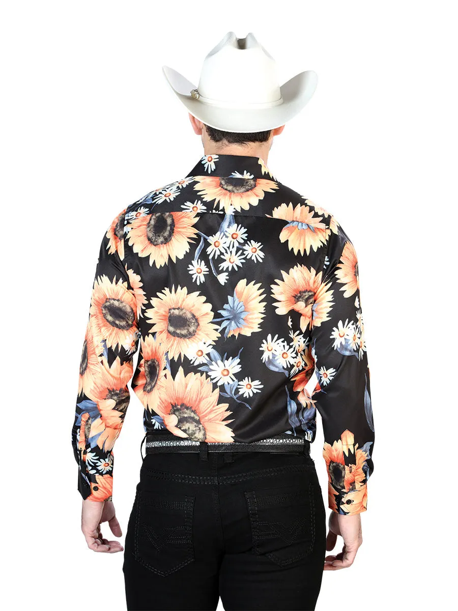 Camisa Vaquera Manga Larga Estampada Floral Negro/Girasoles para Hombre 'El Señor de los Cielos' - ID: 43671