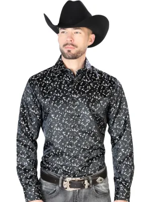 Camisa Vaquera Manga Larga Jacquard Estampada Floral Negro para Hombre 'Centenario' - ID: 43704