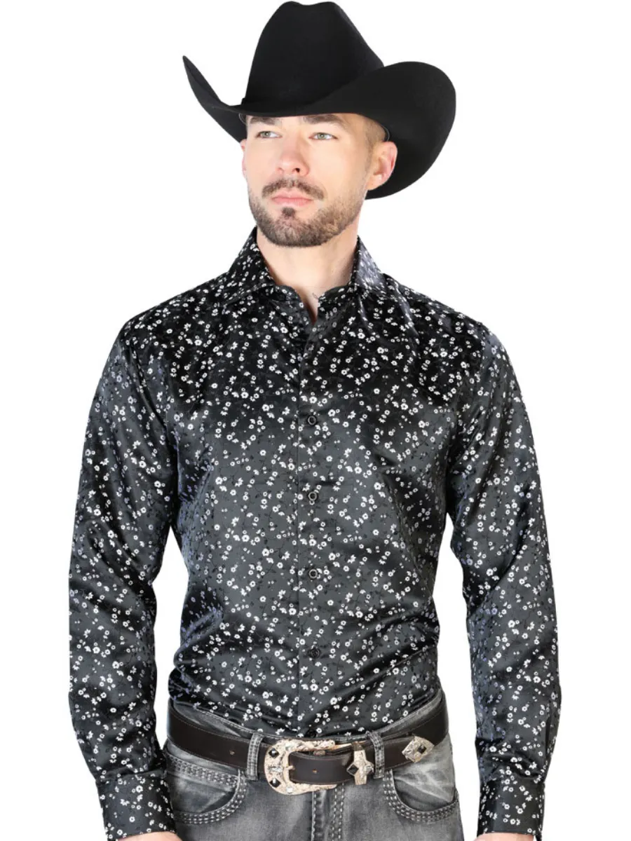 Camisa Vaquera Manga Larga Jacquard Estampada Floral Negro para Hombre 'Centenario' - ID: 43704