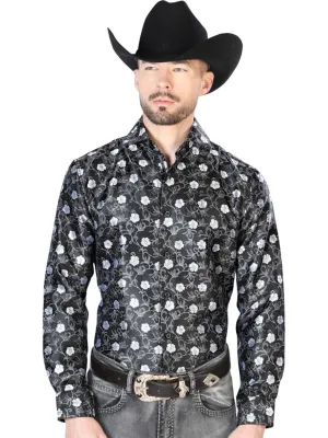 Camisa Vaquera Manga Larga Jacquard Estampada Floral Negro para Hombre 'Centenario' - ID: 43757