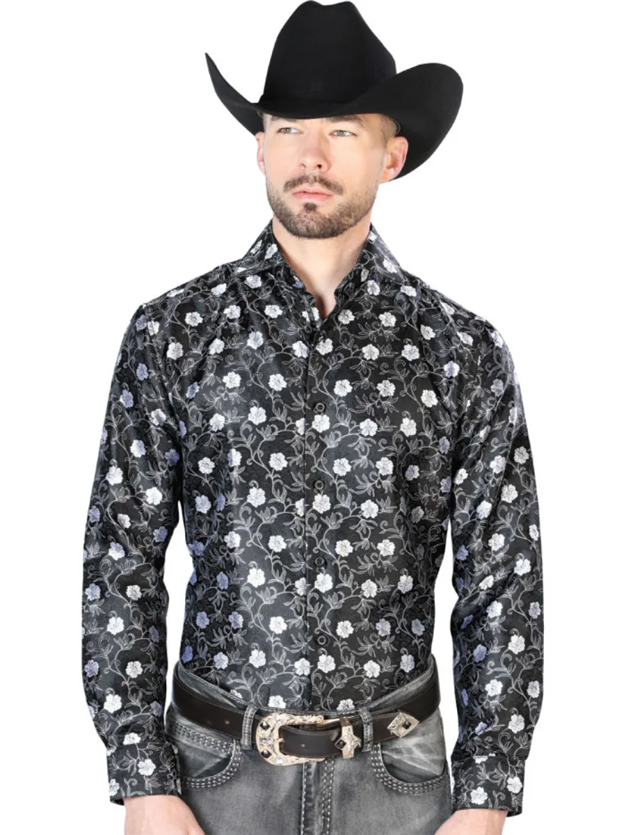 Camisa Vaquera Manga Larga Jacquard Estampada Floral Negro para Hombre 'Centenario' - ID: 43757