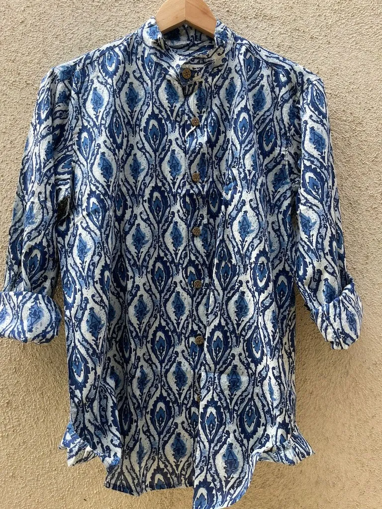 Classic Indigo Print Mandarin Collar Cotton Shirt for Men