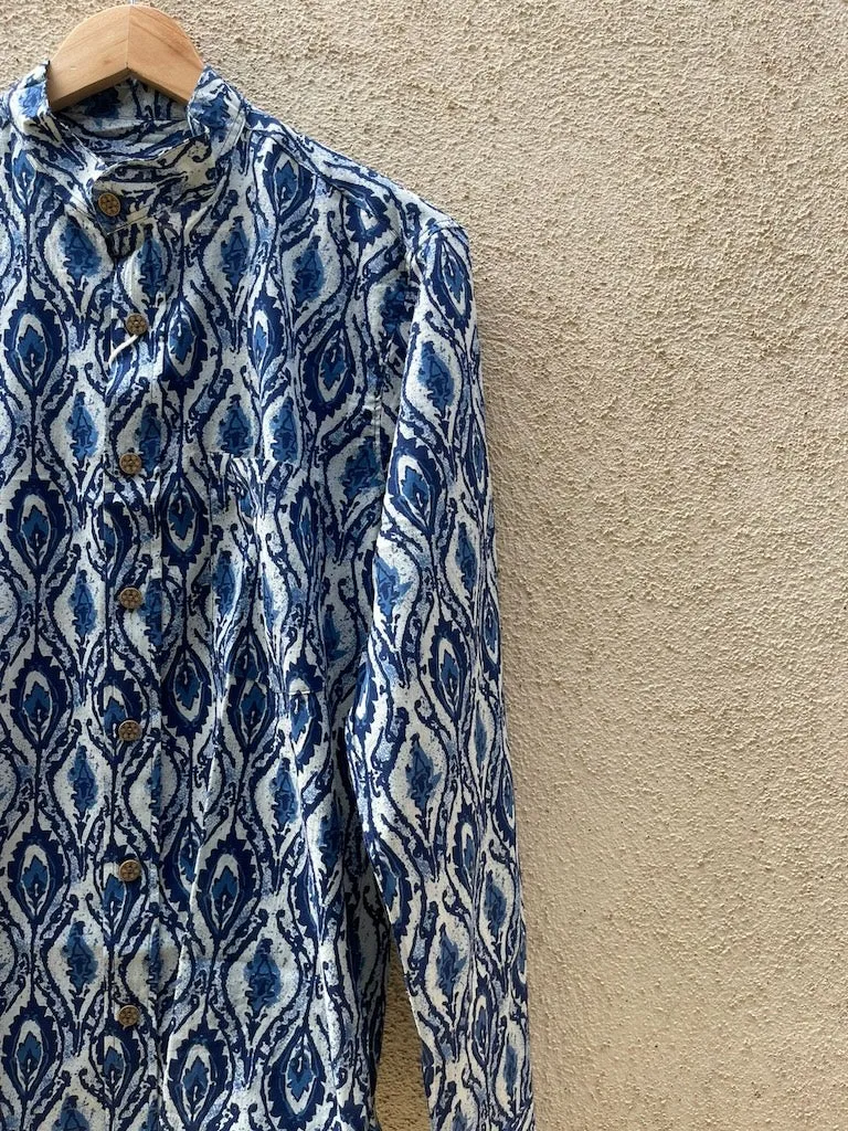 Classic Indigo Print Mandarin Collar Cotton Shirt for Men