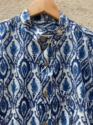 Classic Indigo Print Mandarin Collar Cotton Shirt for Men