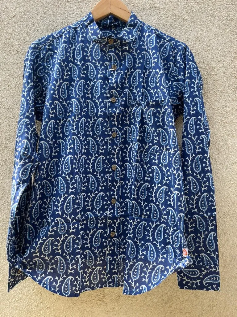 Classic Indigo Print Mandarin Collar Cotton Shirt for Men