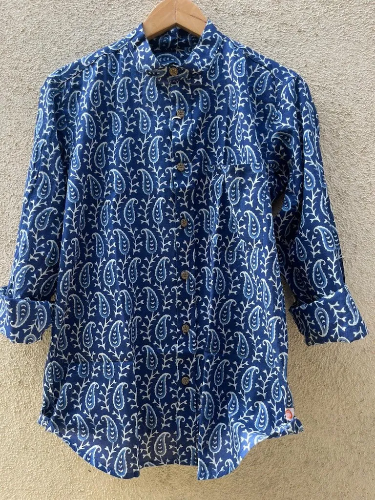 Classic Indigo Print Mandarin Collar Cotton Shirt for Men
