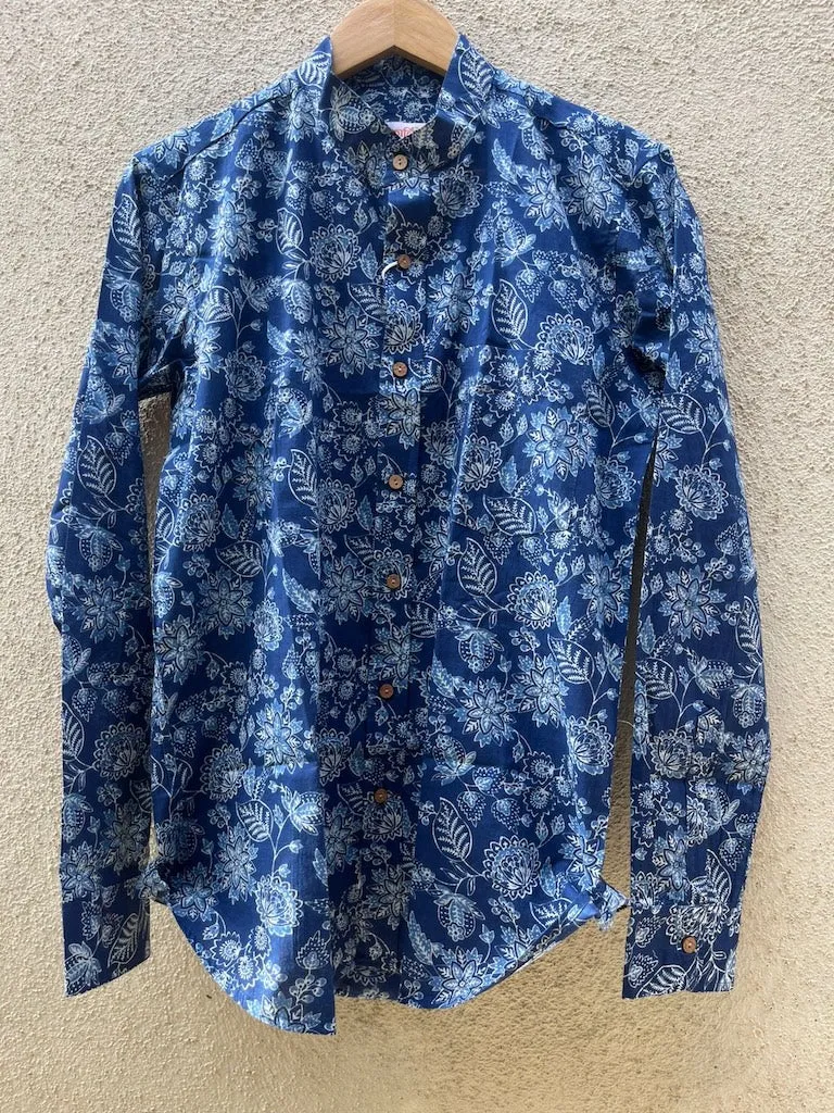 Classic Indigo Print Mandarin Collar Cotton Shirt for Men