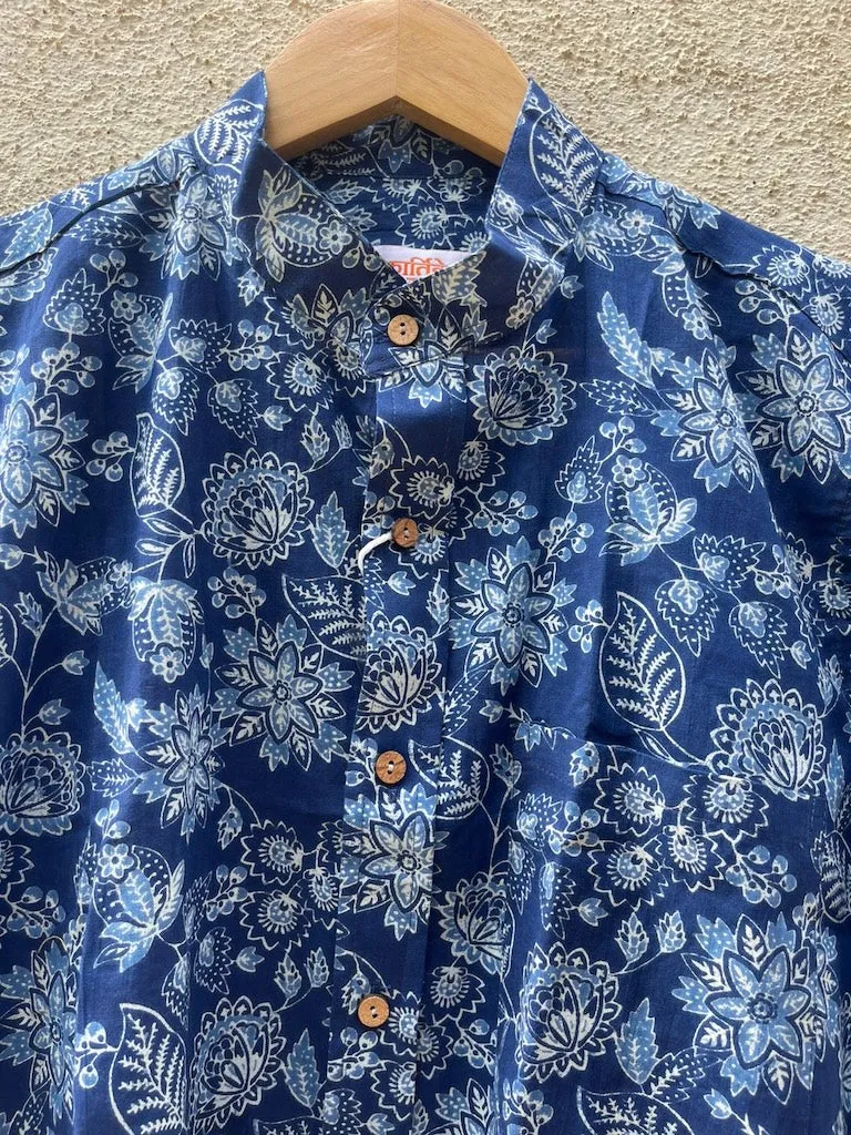 Classic Indigo Print Mandarin Collar Cotton Shirt for Men