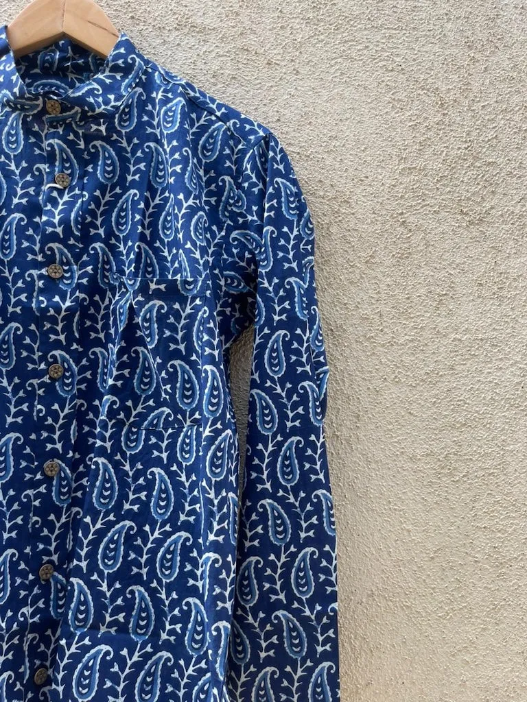 Classic Indigo Print Mandarin Collar Cotton Shirt for Men