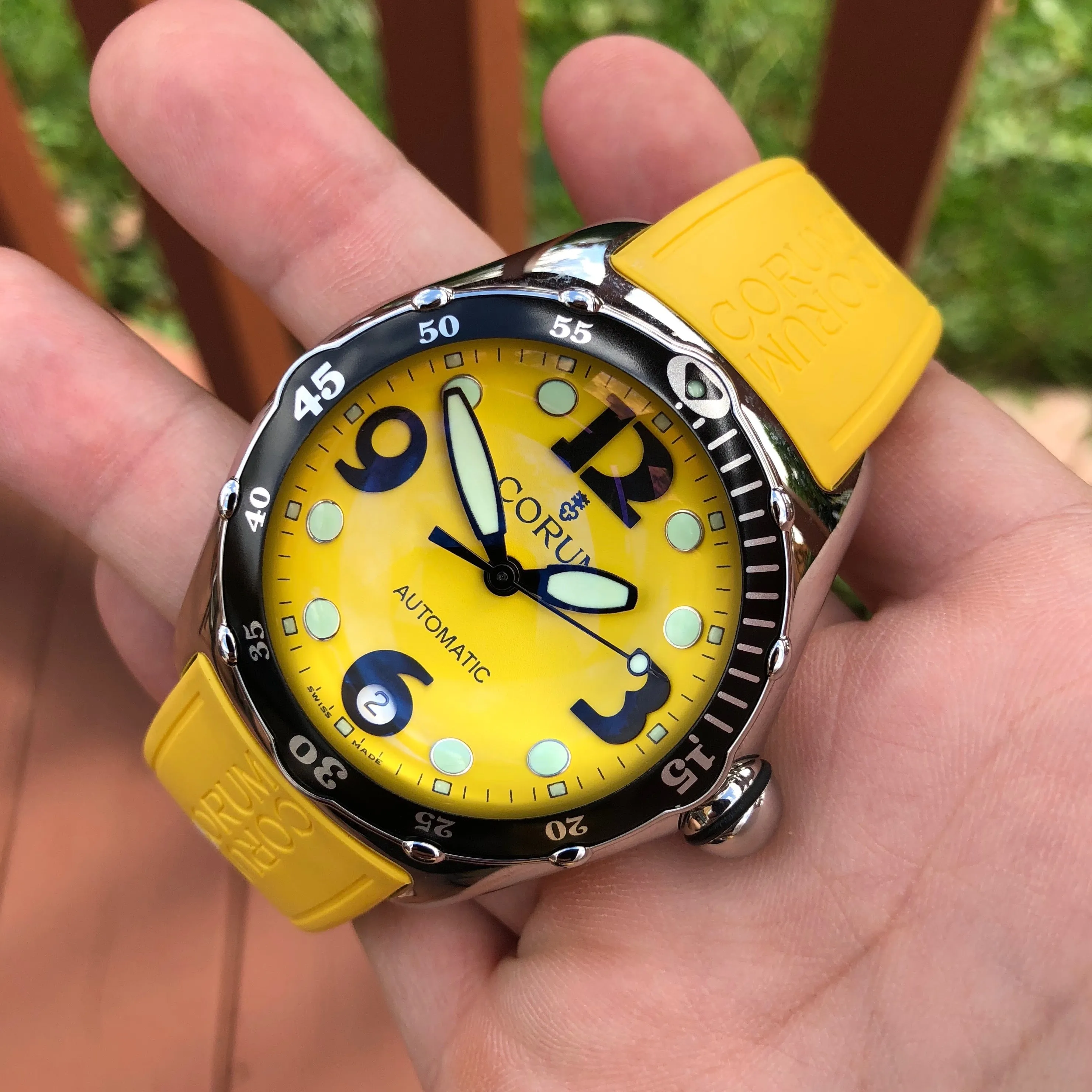Corum Bubble Yellow 82.180.20 Automatic 45mm Stainless Steel Rubber Wristwatch Box & Papers