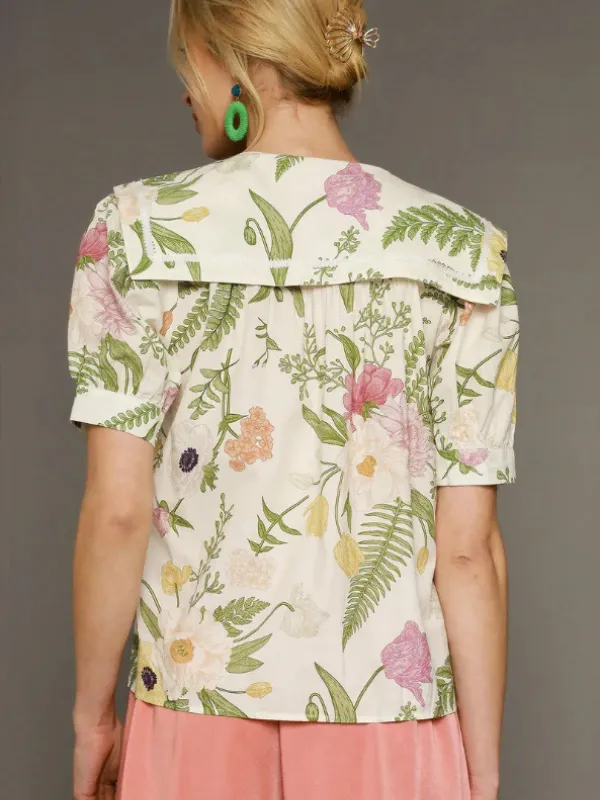 Cream Floral Print Gold Button Top