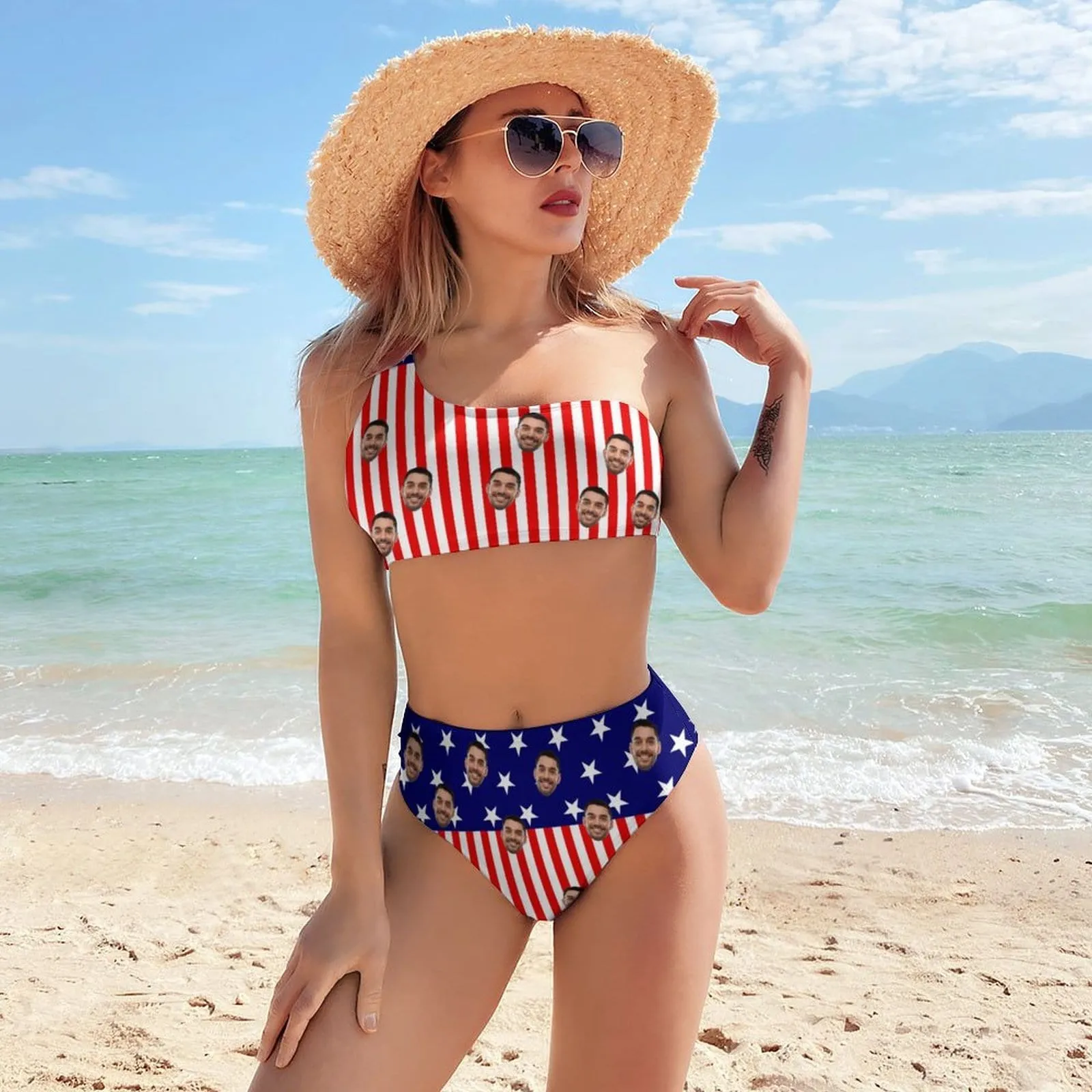 Custom Face Flag Couple Matching Swimsuit One Shoulder Stringless Low Waited Bikini&Swim Shorts Personalized Bathing Suits Beach Outfits