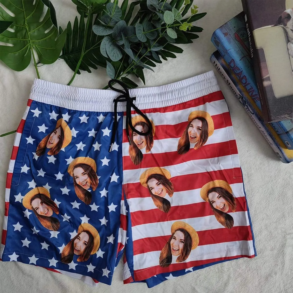 Custom Face Flag Couple Matching Swimsuit One Shoulder Stringless Low Waited Bikini&Swim Shorts Personalized Bathing Suits Beach Outfits