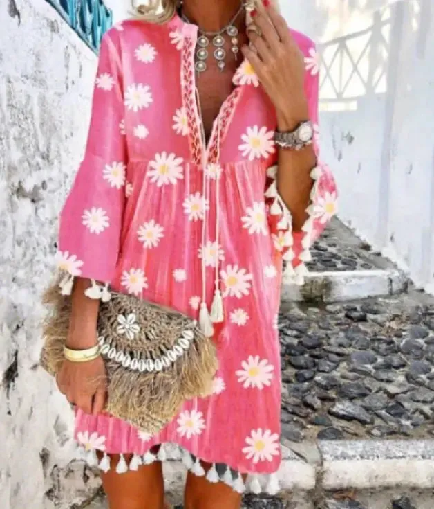 Daisy Print Tassel Drawstring High Waist Dress/Cover-up