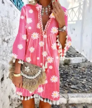 Daisy Print Tassel Drawstring High Waist Dress/Cover-up