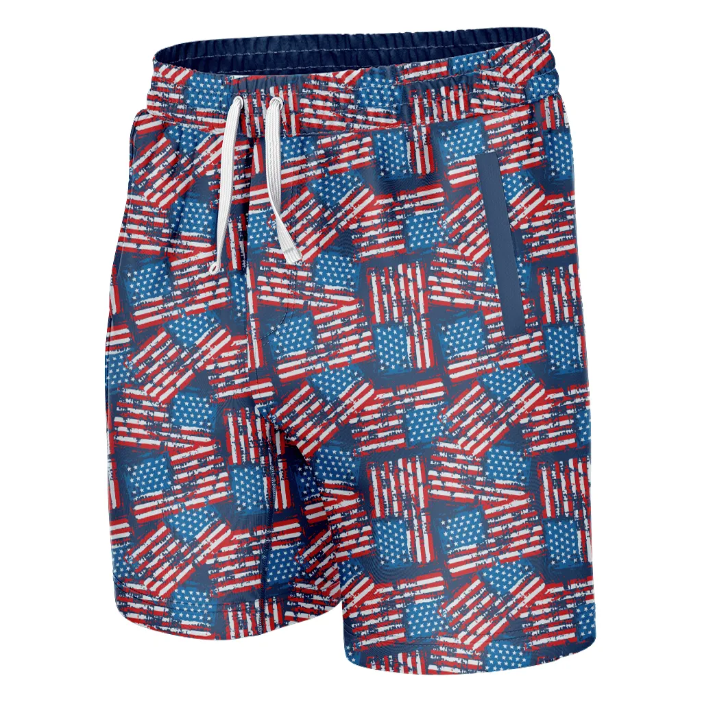 Distressed American Flag Swim Trunks