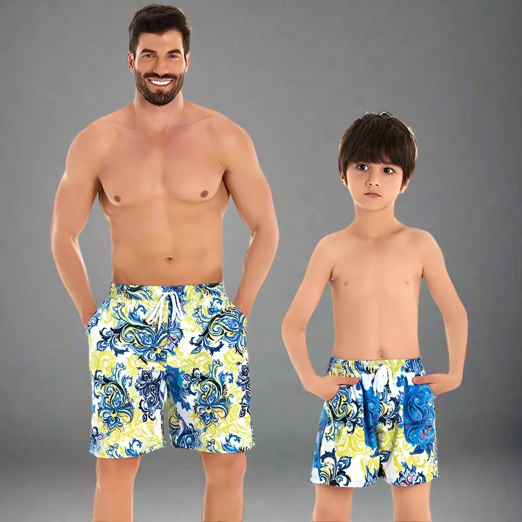 Father and Son Matching Swim Trunks - Classic Paisley Pattern in Blue and Yellow
