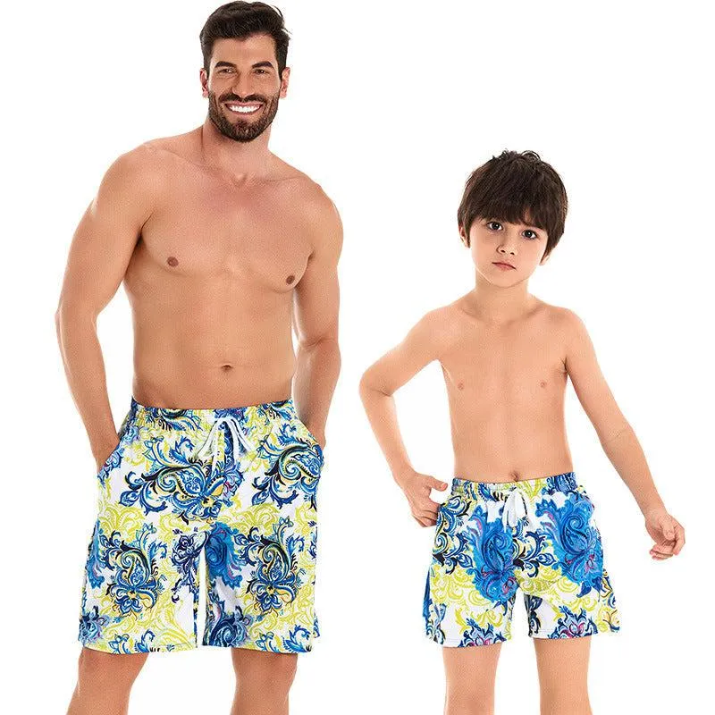 Father and Son Matching Swim Trunks - Classic Paisley Pattern in Blue and Yellow