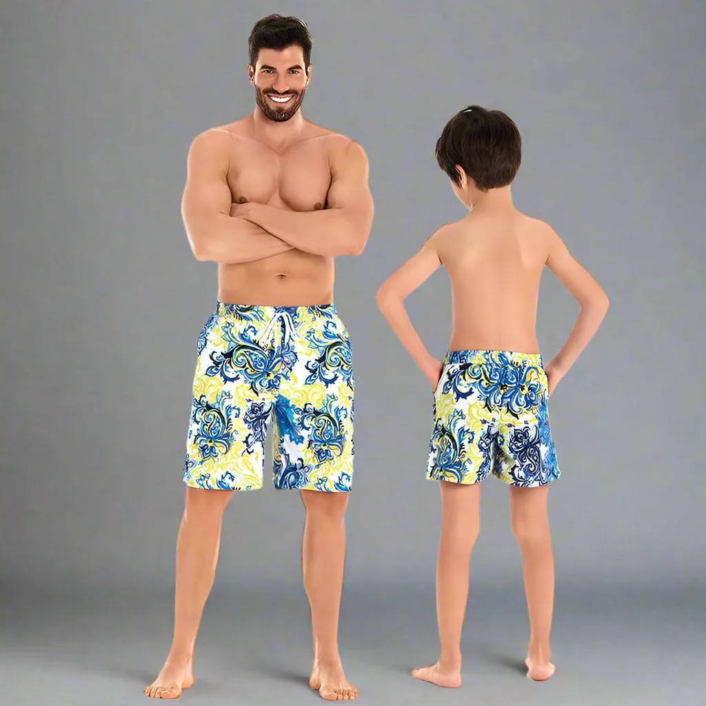 Father and Son Matching Swim Trunks - Classic Paisley Pattern in Blue and Yellow