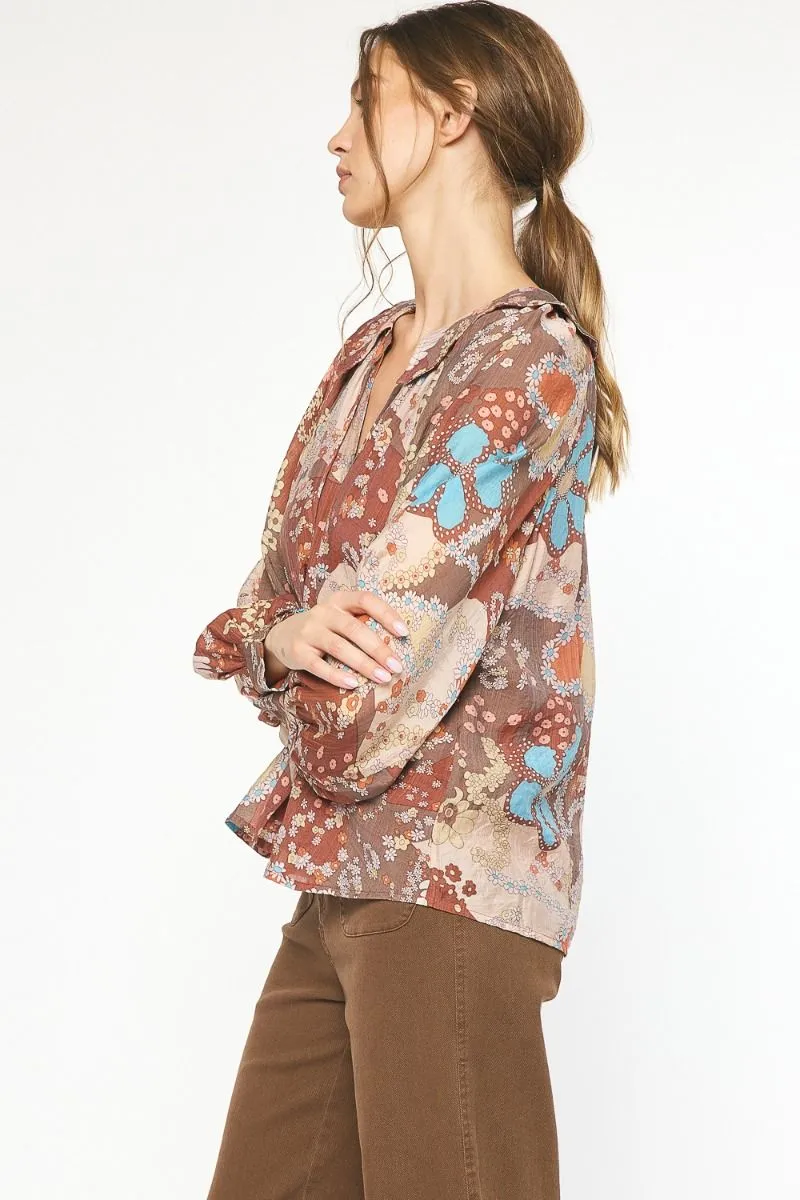 Floral Babydoll Blouse {Brown}