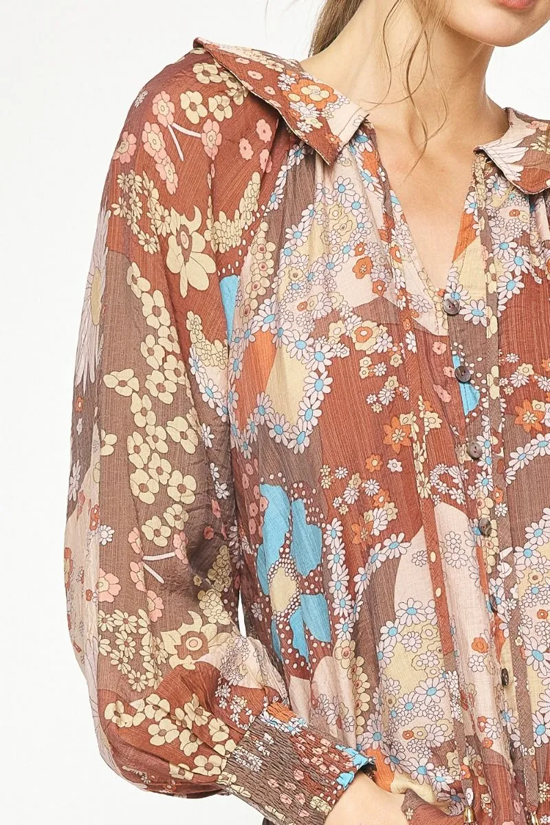 Floral Babydoll Blouse {Brown}
