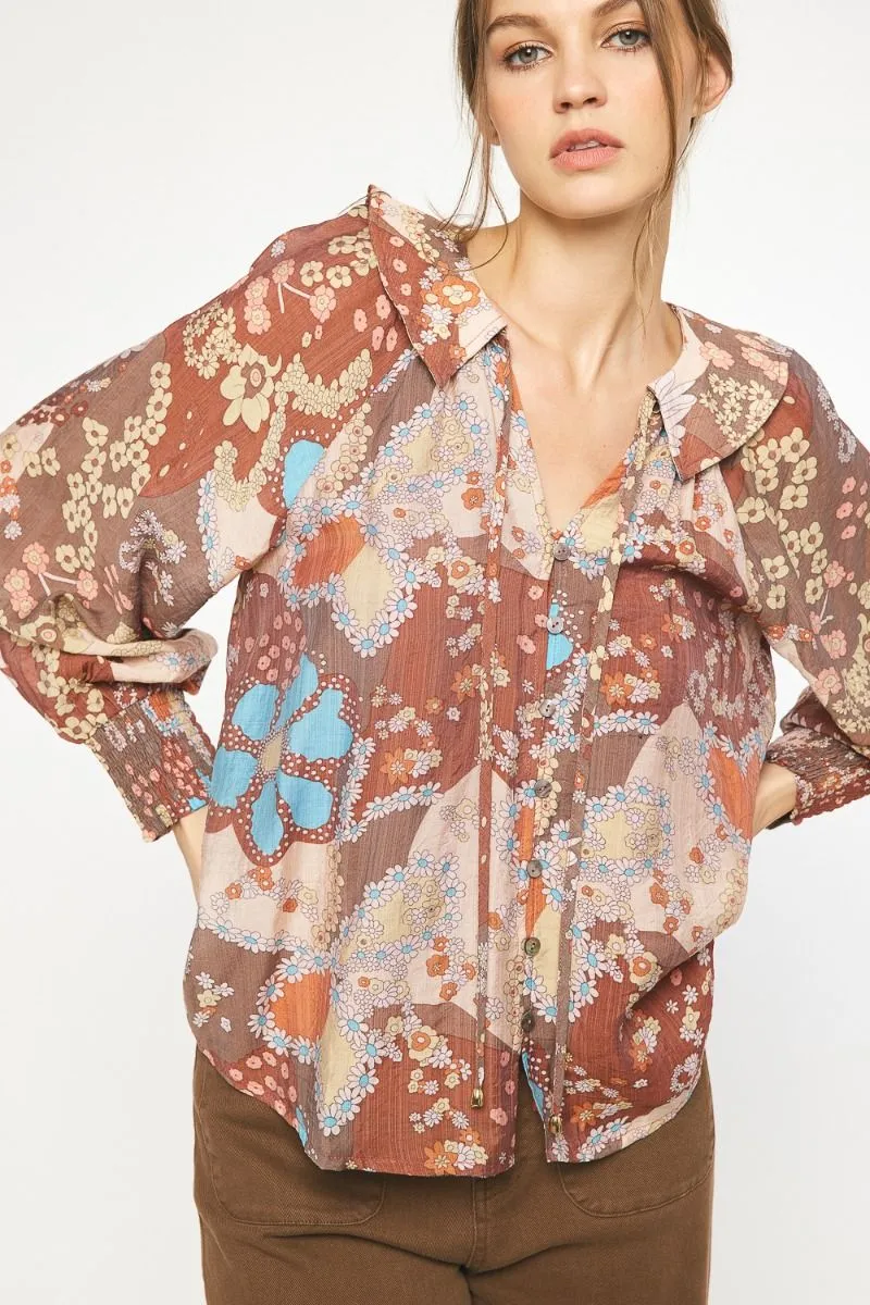 Floral Babydoll Blouse {Brown}
