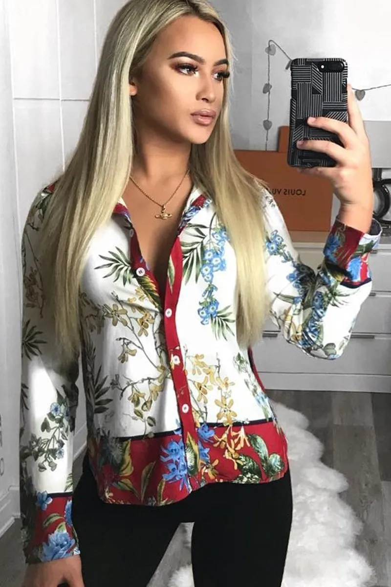 Floral Button Down Blouse with Red Contrast - Katherine