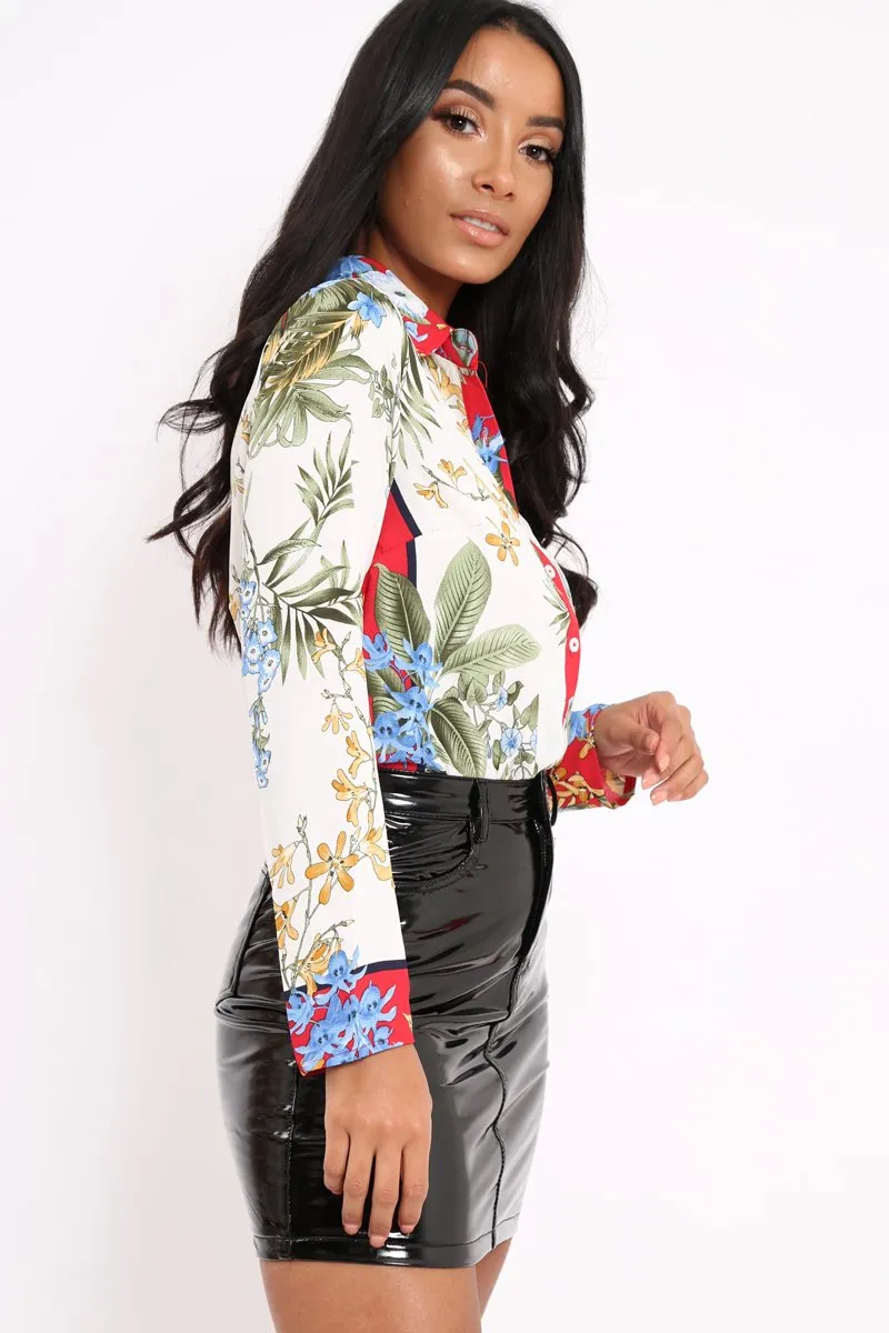 Floral Button Down Blouse with Red Contrast - Katherine