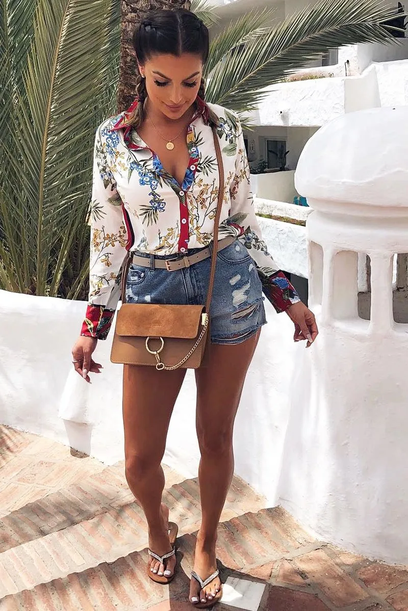 Floral Button Down Blouse with Red Contrast - Katherine