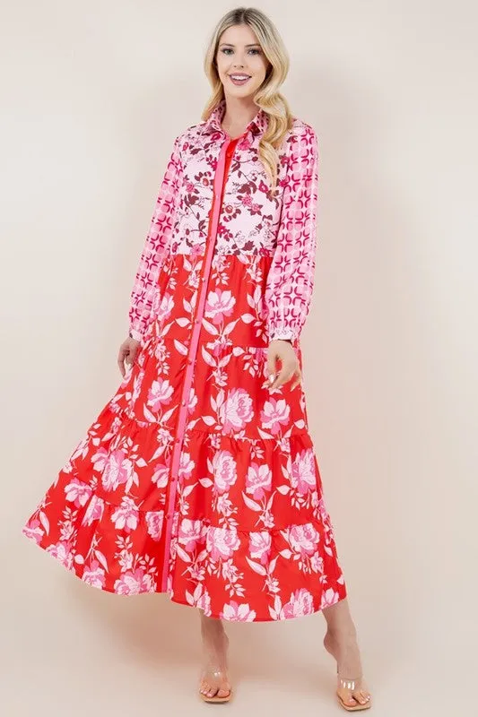 Floral Print Long Sleeve Button Down Shirt Dress