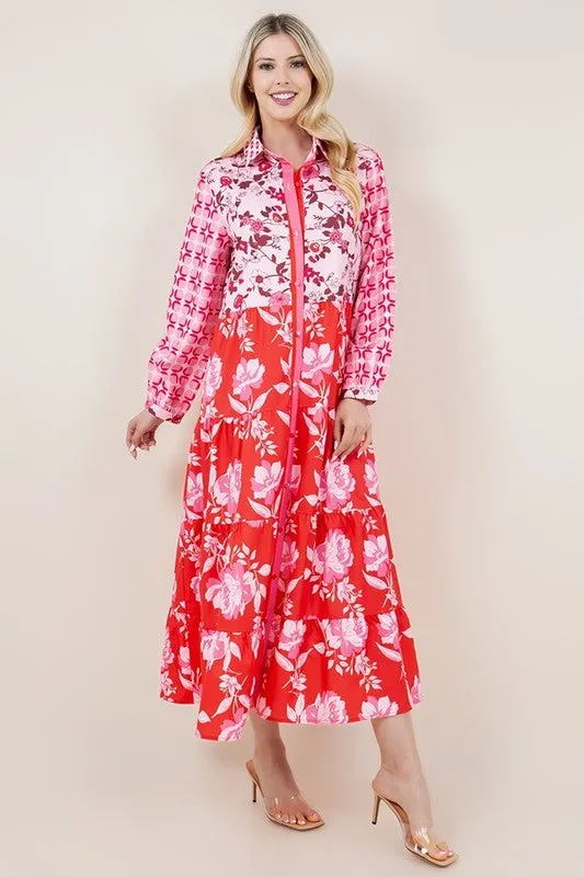 Floral Print Long Sleeve Button Down Shirt Dress