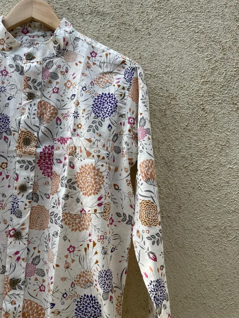Floral Print Mandarain Collar Cotton Shirt for Men