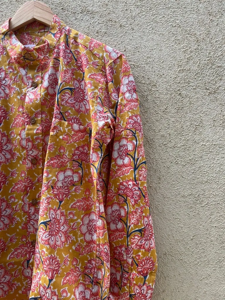 Floral Print Mandarain Collar Cotton Shirt for Men