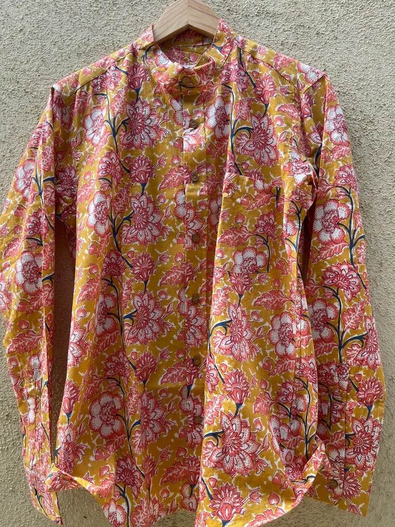 Floral Print Mandarain Collar Cotton Shirt for Men