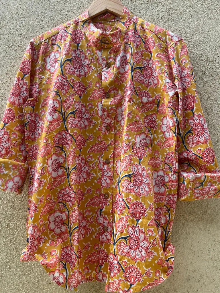 Floral Print Mandarain Collar Cotton Shirt for Men