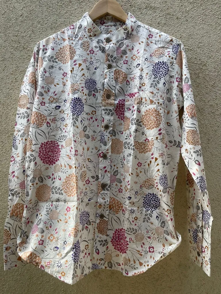Floral Print Mandarain Collar Cotton Shirt for Men