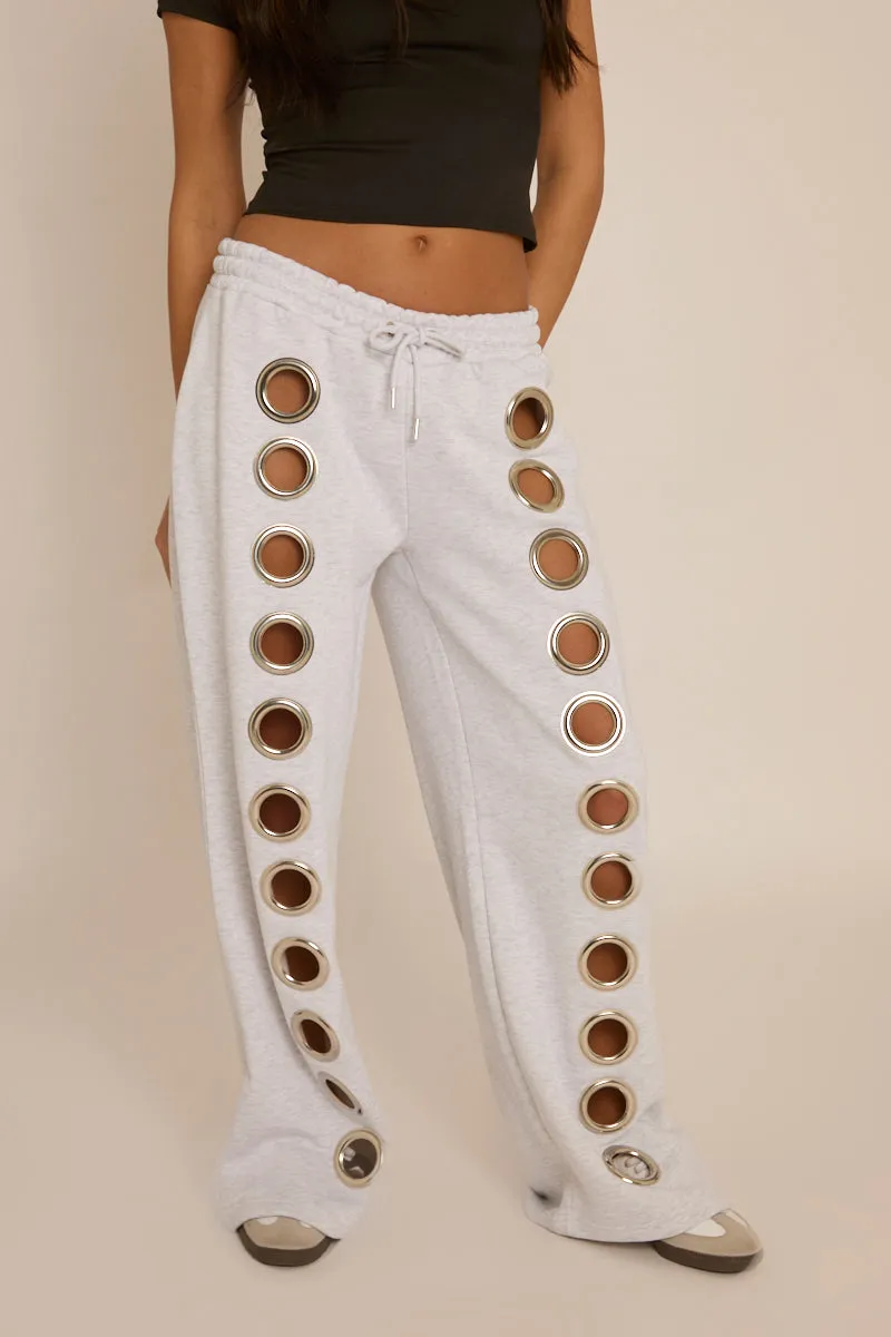 Grey Eyelet Wide Leg Joggers - Serena
