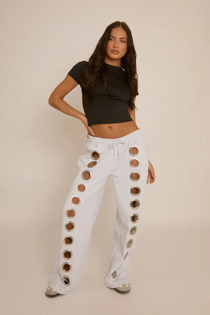 Grey Eyelet Wide Leg Joggers - Serena