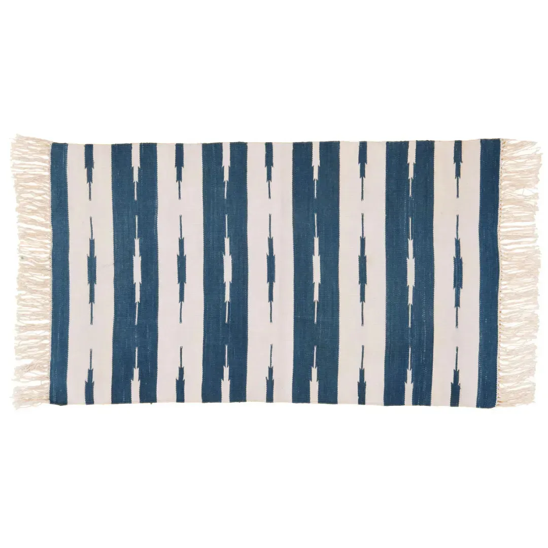 Handwoven Blue and White Stripe Ikat Cotton Rug with Fringes