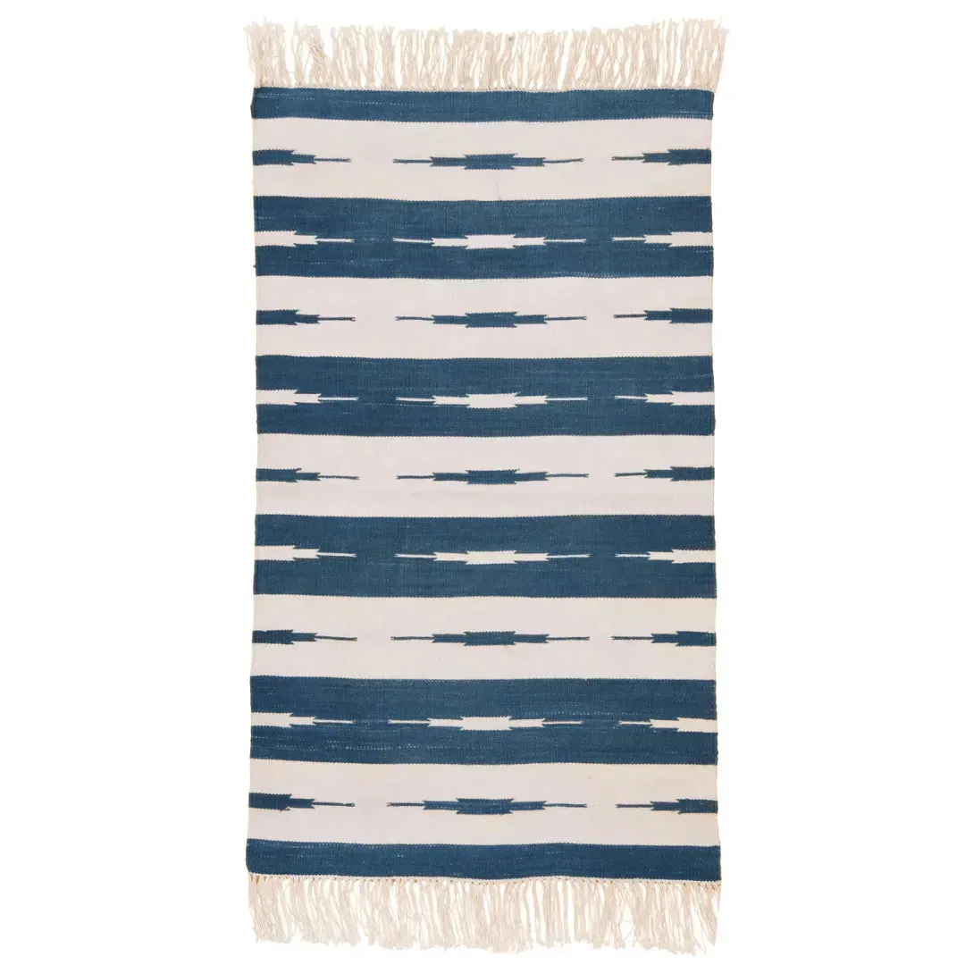 Handwoven Blue and White Stripe Ikat Cotton Rug with Fringes