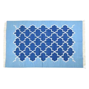Handwoven Moroccan Blue Tiles Cotton Rug with Fringes