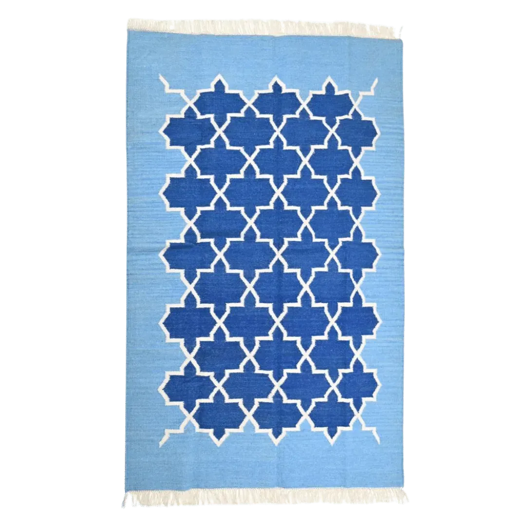 Handwoven Moroccan Blue Tiles Cotton Rug with Fringes