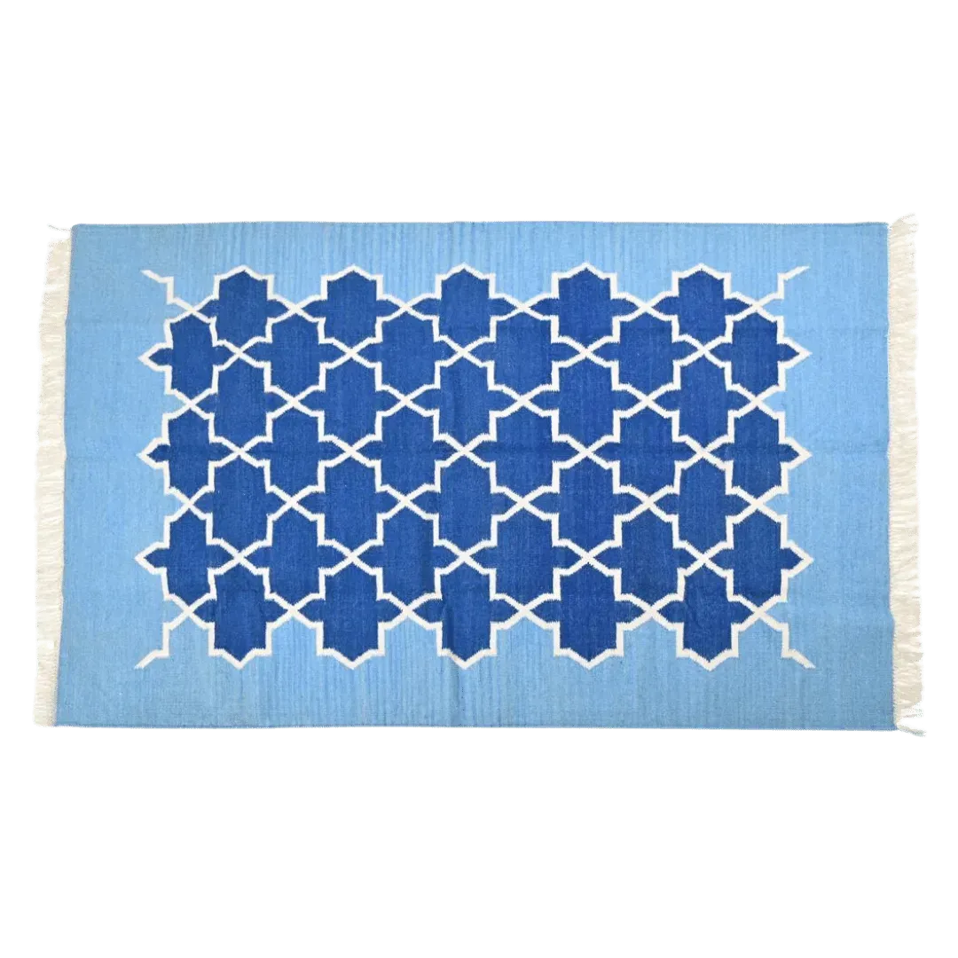 Handwoven Moroccan Blue Tiles Cotton Rug with Fringes
